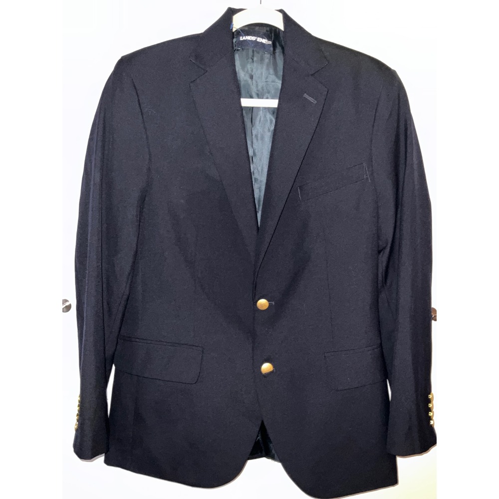 Lands End Mens Navy Blue Two Button Blazer Gold Crest Buttons Size 36 Regular